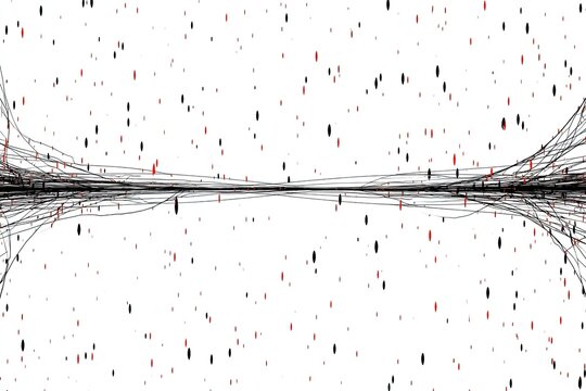 Abstract artwork with many thin, black lines radiating outward from a central horizontal band, interspersed with small red and black dots on a white background - Powered by Adobe