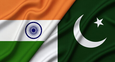 India and Pakistan Flags With Soft Cloth Texture Meeting at Center With Shadow Line JPG