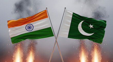 India and Pakistan Fabric Flags Crossed With Strong Wind Effect, Glowing Orange Sparks and Rising Smoke in a Dramatic Scene JPG