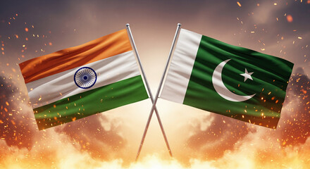 India and Pakistan Fabric Flags Crossed With Strong Wind Effect, Glowing Orange Sparks and Rising Smoke in a Dramatic Scene JPG