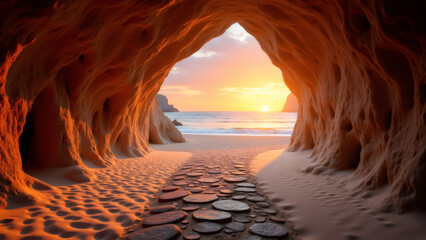 Cave exit with stone pathway beach at sunset sunrise.