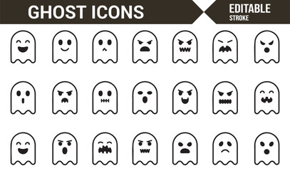 Vector Ghost Icons with Various Facial Expressions for Halloween and Horror Themes