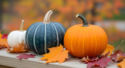 Autumn Harmony: Trio of Pumpkins Amid Maple Leaves
