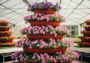 A tiered flower display with petunias in pots inside a greenhouse