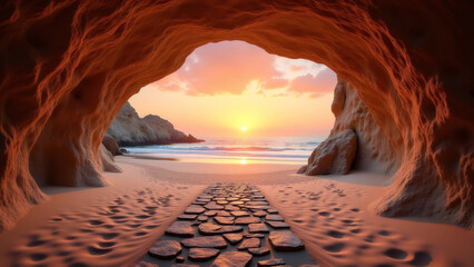 Beach cave at sunset with stone path leading to the ocean, sky horizon