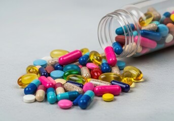 A variety of pills and capsules spilled from a bottle