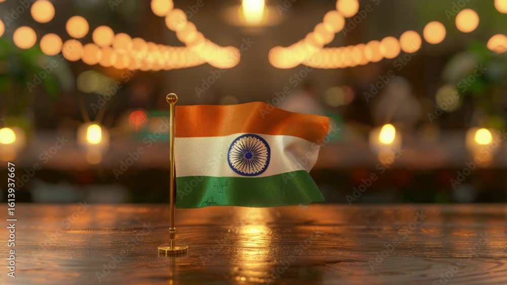 Poster an indian flag displayed on a table with colorful lights in the background