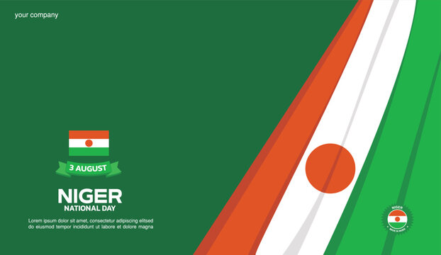 niger Independence Day Design, minimalist template of August 3rd design elements with waving curtain on the right, niger map and flag in poster and banner form	