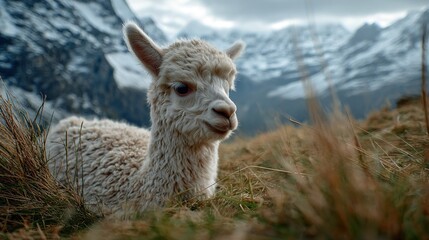 Obraz premium A close-up of a llama in a field of grass, with a mountain in the background