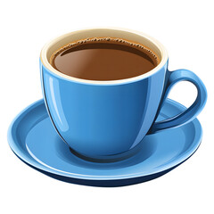 Blue ceramic cup filled with hot coffee on a matching saucer isolated on transparent background