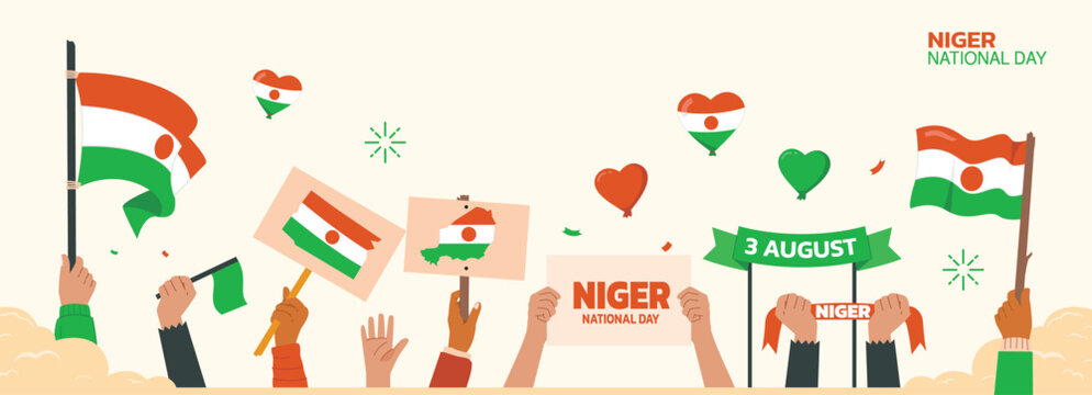niger Independence Day Design, niger independence attributes, August 3rd design with people holding flags and maps, niger people fighting and celebrating independence	