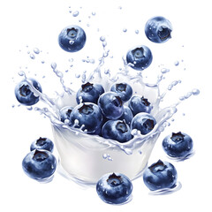Fresh blueberries splashing into milk isolated on transparent background