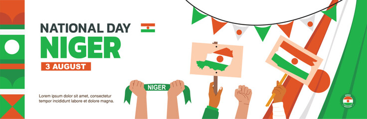 niger Independence Day design, August 3rd  celebration with people raising their hands and maps enthusiastically	