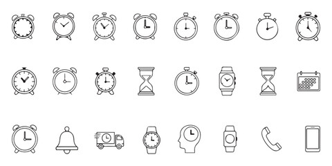 Collection of Black and White Line Art Clock Icons Including Alarm Clocks Stopwatches Wristwatches Hourglasses and a Calendar