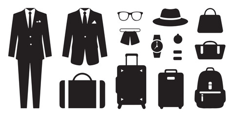 Black and White Icons of Mens Suit Clothing Accessories Luggage and Travel Items vector