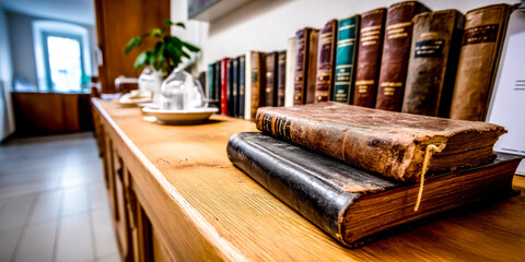 Old books stacked on a wooden counter in a historical indoor setting.