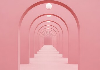 A pink hallway with arches creates a symmetrical and visually appealing perspective