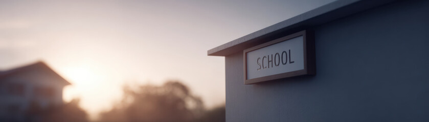 School start sign on building with sunrise background creating calm and hopeful atmosphere for new day of learning