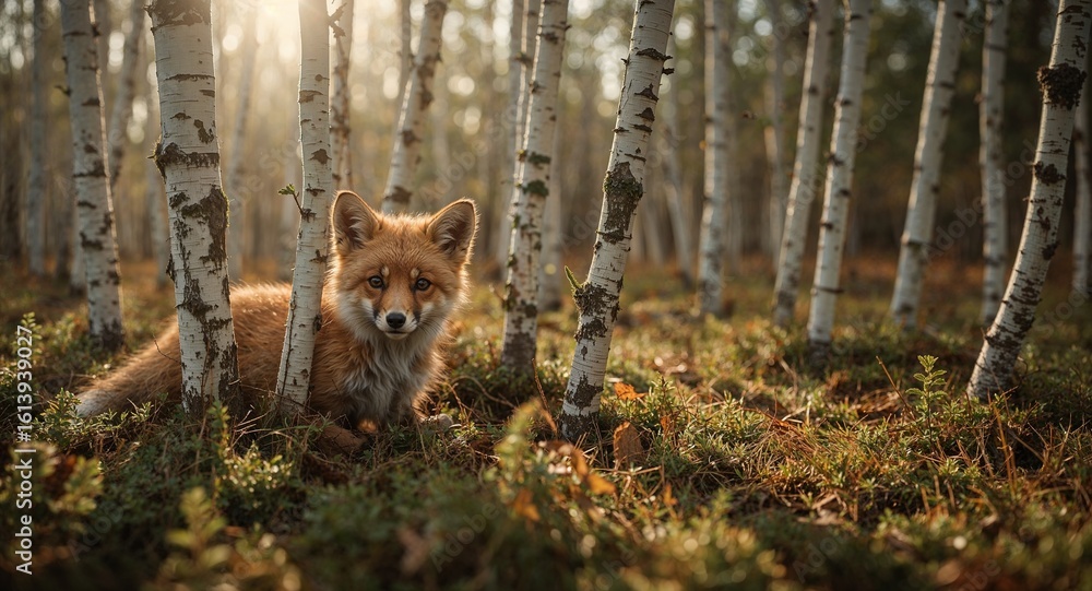 Poster a fox nestled among birch trees in a forest with sunlight filtering through the trees creating a war