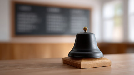 School bell on wooden desk ready to start day with clear sound in bright classroom setting full of natural light