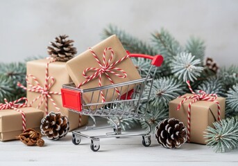 A miniature shopping cart filled with gifts and pine cones for christmas
