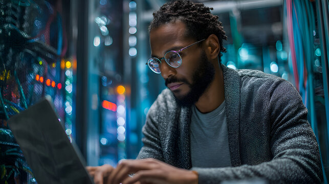 It specialist working on laptop in server room maintaining network security
