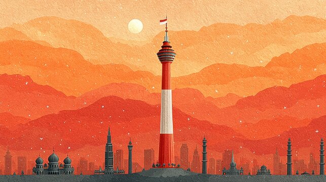 Gradient background with flag and country landmarks for national day celebration