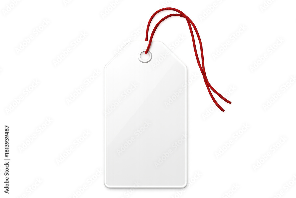 Aufkleber white rectangular tag dangling from red string against transparent backdrop, representing minimalist