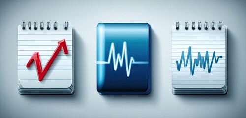 Three notepad icons, each displaying a different graphical data representation.  One shows a rising trend, one a heartbeat graphic, and another a complex waveform
