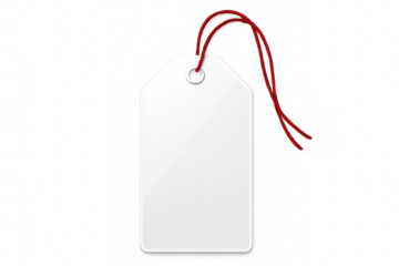 White rectangular tag dangling from red string against transparent backdrop, representing minimalist retail branding and product identification