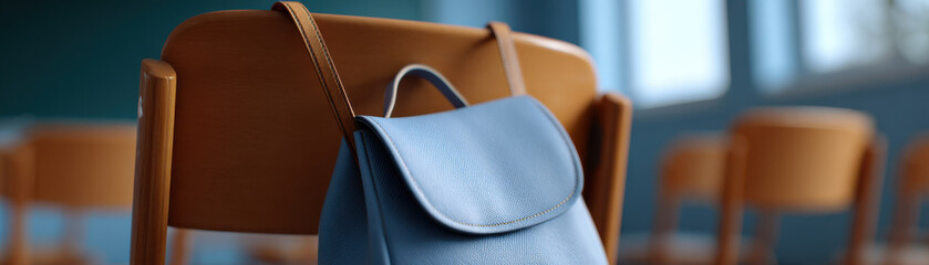 Blue backpack start school on wooden chair in classroom with blurred background creating calm and focused atmosphere for learning