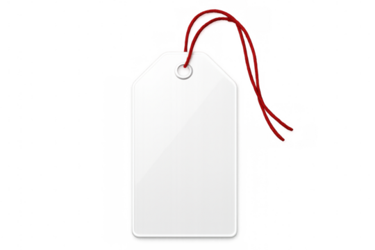 White rectangular tag dangling from red string against transparent backdrop, representing minimalist retail branding and product identification