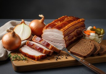 A delicious pork belly dish with onions, pickles, and bread on a wooden board