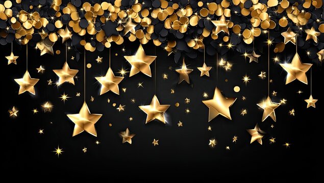 Gold stars and confetti on a black background - Powered by Adobe