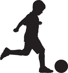 kids playing football silhouette vector, child soccer silhouettes for sports design, vector of children kicking ball in black, football activity silhouettes for kids sports template