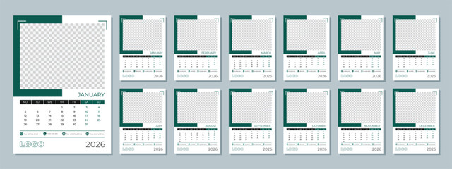 2026 calendar template. Corporate and business calendar.  The week starts on Monday. Set of 12 calendar pages.