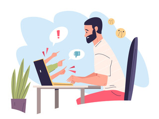 Cyberbullying. Cyber bullying, online hate social media violence bully sad man victim at computer laptop digital stress cyberbully depression abuse bad messages vector illustration