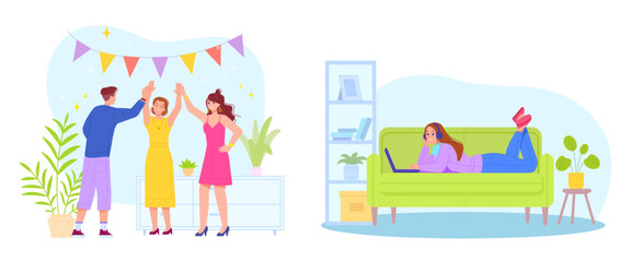 Extravert and introvert. Shy woman or talkative sociable person, social extroversion extraversion introversion alone personality behavior extrovert mindset type vector illustration