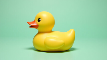 Classic yellow rubber duck toy on bright green background, isolated