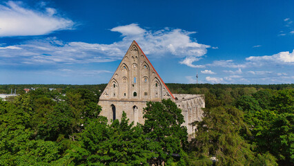 Drone View of Pirita Monastery Ruins in Tallinn, Estonia - Historic Gothic Landmark Surrounded by...