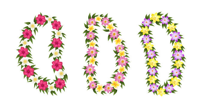 Hawaiian flower necklace. Hawaii lei flowers garland, realistic 3d tropical exotic floral wreath frame aloha party necklaces summer vacation collar bracelet set vector illustration