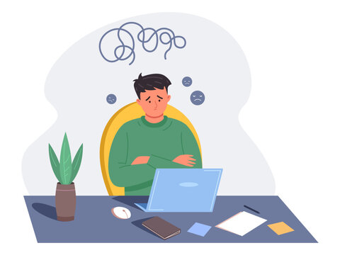 Student problem at computer. Exhausted sad guy home desk with laptop, homework or office employee work learning education frustrated teenager person study table vector illustration