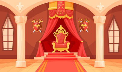 Royal throne room. King palace royal hall cartoon interior, kingdom medieval castle fairytale ballroom inside game background ancient monarch chair museum, neat vector illustration © ssstocker