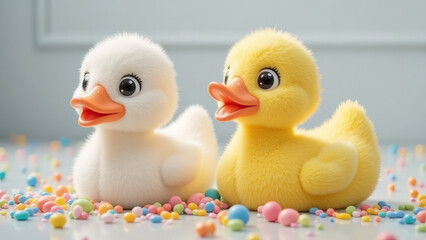 Two cute fluffy baby ducks, yellow and white with colorful candy sprinkles