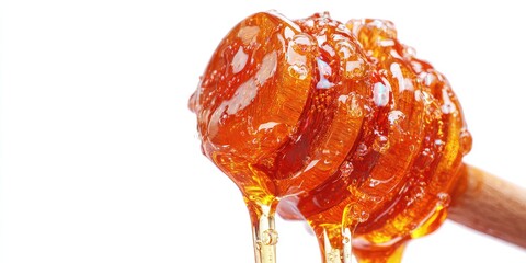 Dripping honey on a wooden dipper