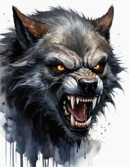 A snarling werewolf head with glowing yellow eyes and sharp fangs—symbolizing raw power, mystery, and fear in fantasy art