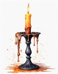 - A white candle burns atop a black stand, with wax dripping in layers. This quiet beauty reflects fragility and the passage of time in a soft, shadowy ambiance