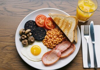 A full english breakfast is served on a plate with orange juice