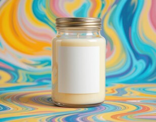 A glass jar with a gold lid and white label sits against swirling blue, yellow, pink, and green hues—conveying simplicity within movement and artistic contrast