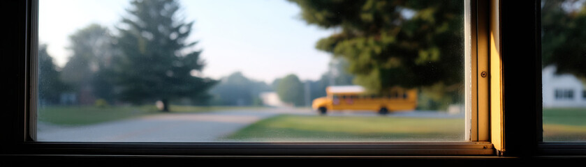 School bus start morning view through window with blurred trees and road outside creating calm and hopeful atmosphere for new day